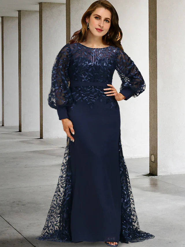 Wholesale Mermaid / Trumpet Plus Size Curve Mother of the Bride Dresses Vintage Dress Formal Sweep / Brush Train Long Sleeve Jewel Neck Chiffon with Sequin Ruffles